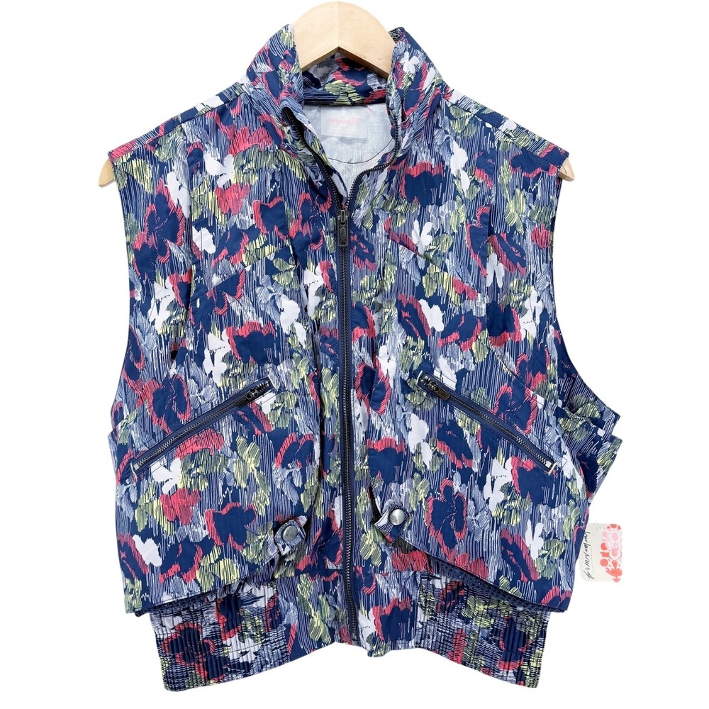 Free People Movement Vest XS Full Zip Pocket Floral Print Hidden Hood NEW - Picture 13 of 15